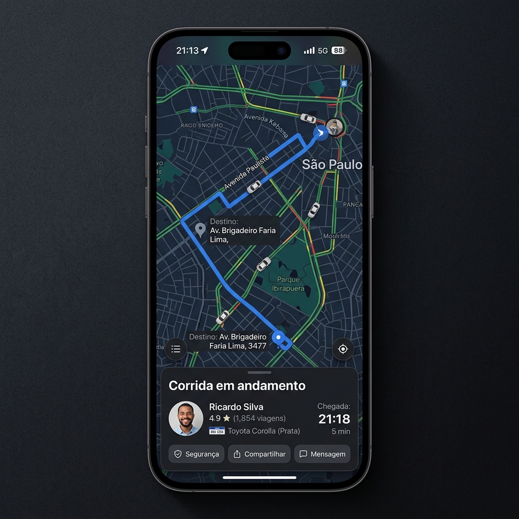 App do passageiro Flixmobi mostrando corrida em andamento no mapa