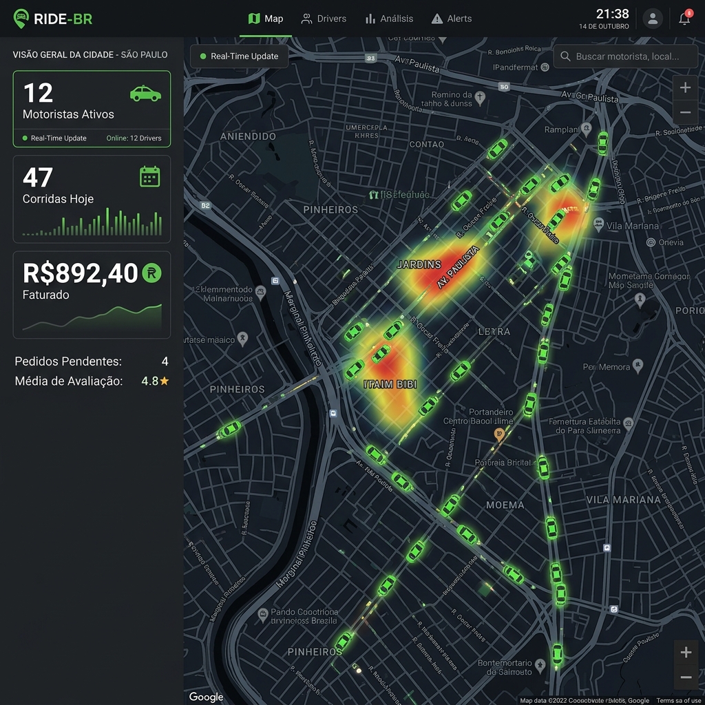 Mapa de operação da cidade com motoristas ativos e estatísticas