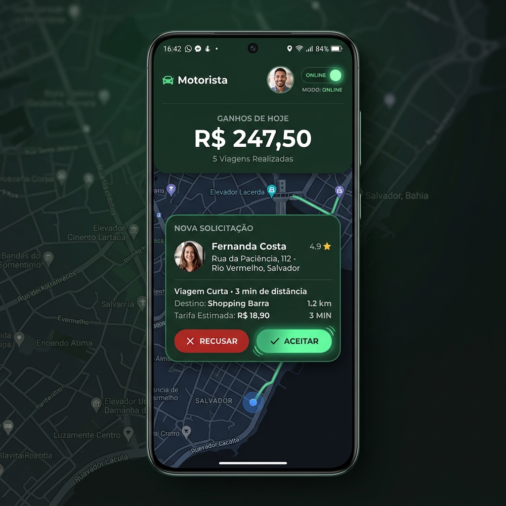 App do motorista Flixmobi com ganhos do dia e solicitação de corrida